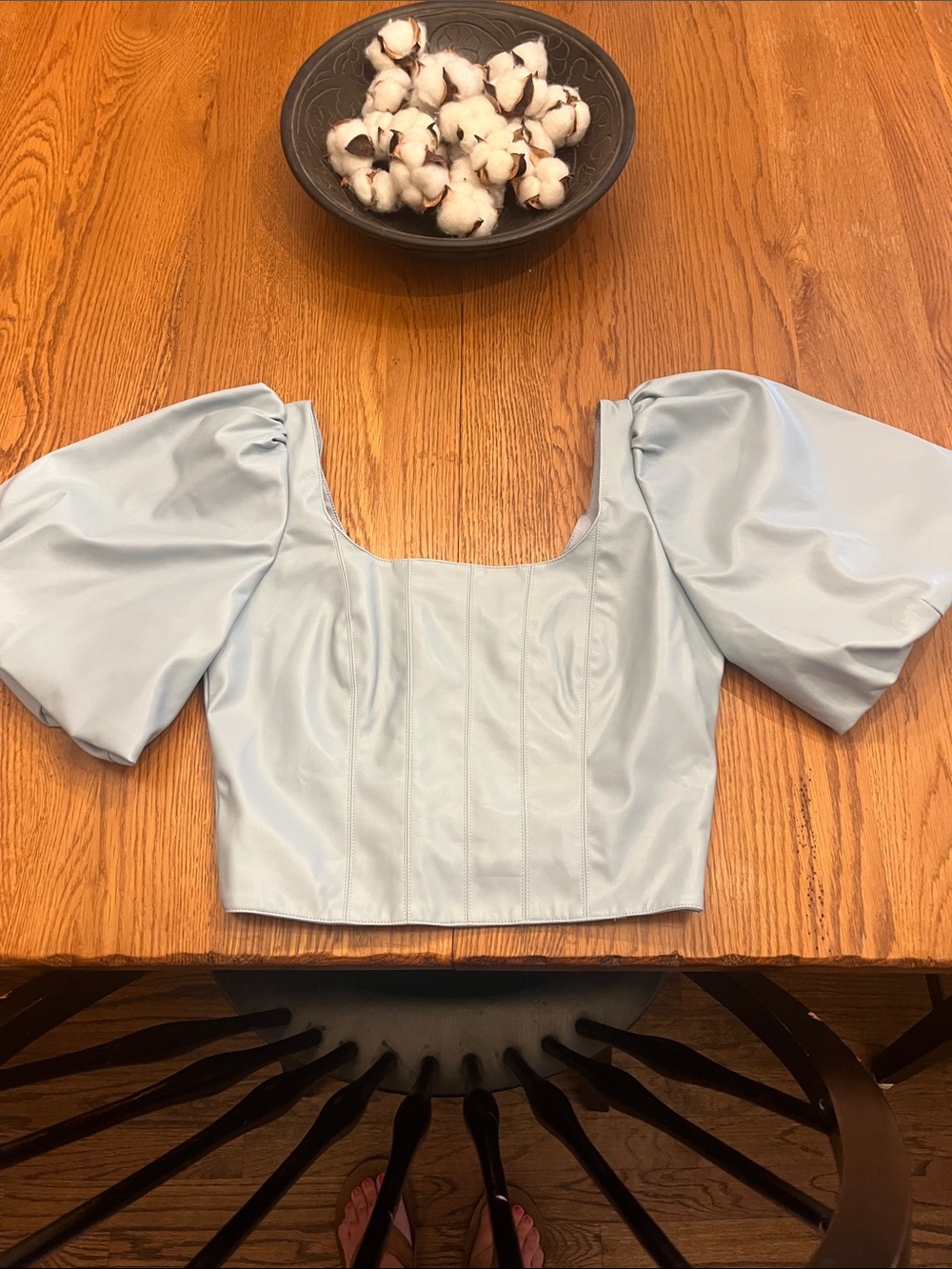 Square Neck Puff Sleeve Leather Crop Top in Light Blue